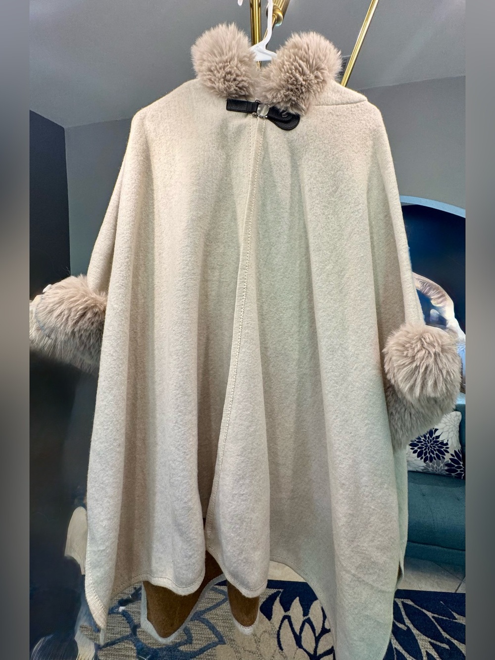 Cream Faux-Fur Trim Cape Poncho